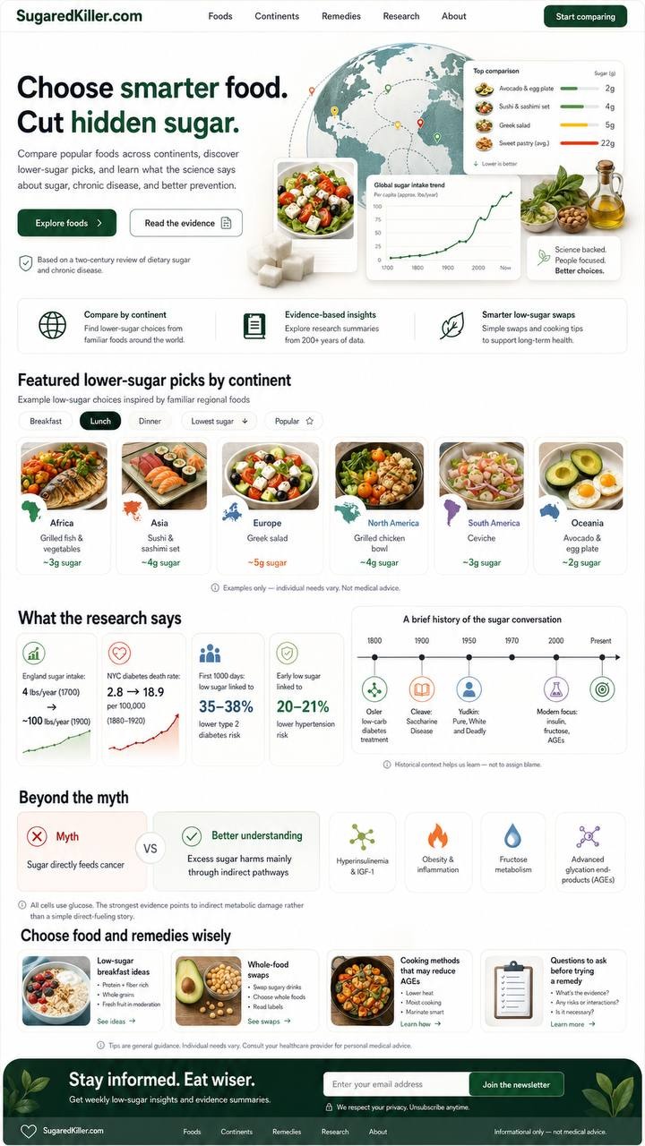 SugaredKiller.com sugar evidence poster with food categories and research keywords